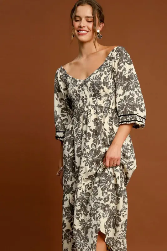 Ruffle Hem Floral Midi Dress – Cream online